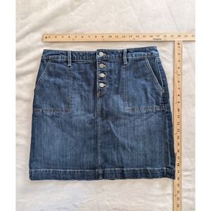 Talbots Button Fly Jean Skirt Flat Front Pockets Sz‎ 12P Dark Wash Denim Classic